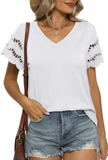 Women Loose Fit V Neck Short Sleeve T-Shirts White