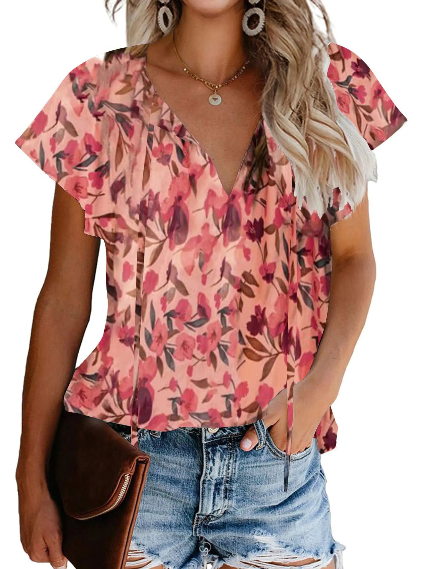 TAKEYAL Women’s Short Sleeve Floral Printed V Neck Boho Top