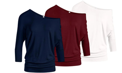 Women 3/4 Sleeves Off The Shoulder Tops Banded Waistband Blouse