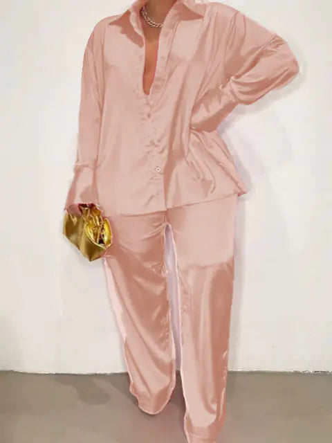 Elegant Satin Tracksuit with Wide Leg Pants