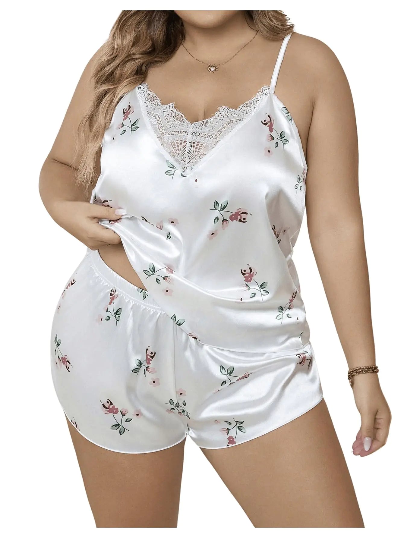 Women’s Pajamas Satin Lace Loungewear Floral Printed Cami and Shorts Pajama Set White