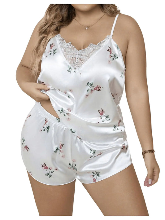 Women’s Pajamas Satin Lace Loungewear Floral Printed Cami and Shorts Pajama Set White