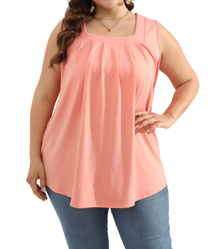 MAFILOP Women Sleeveless Square Neck Pleated Tunic Tank Top Coral