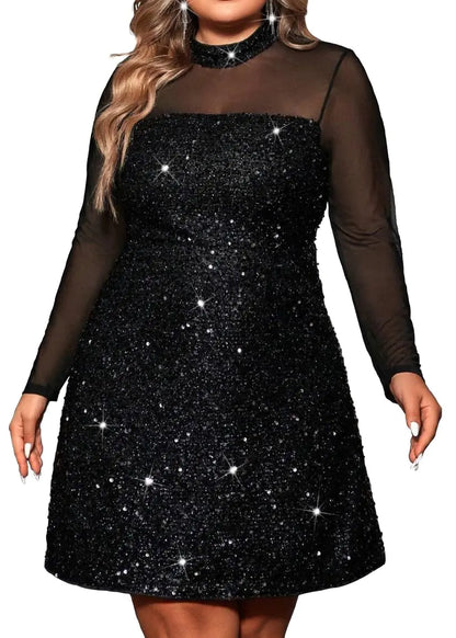 Long Mesh Sleeves Yoke Sequin Cocktail Dress