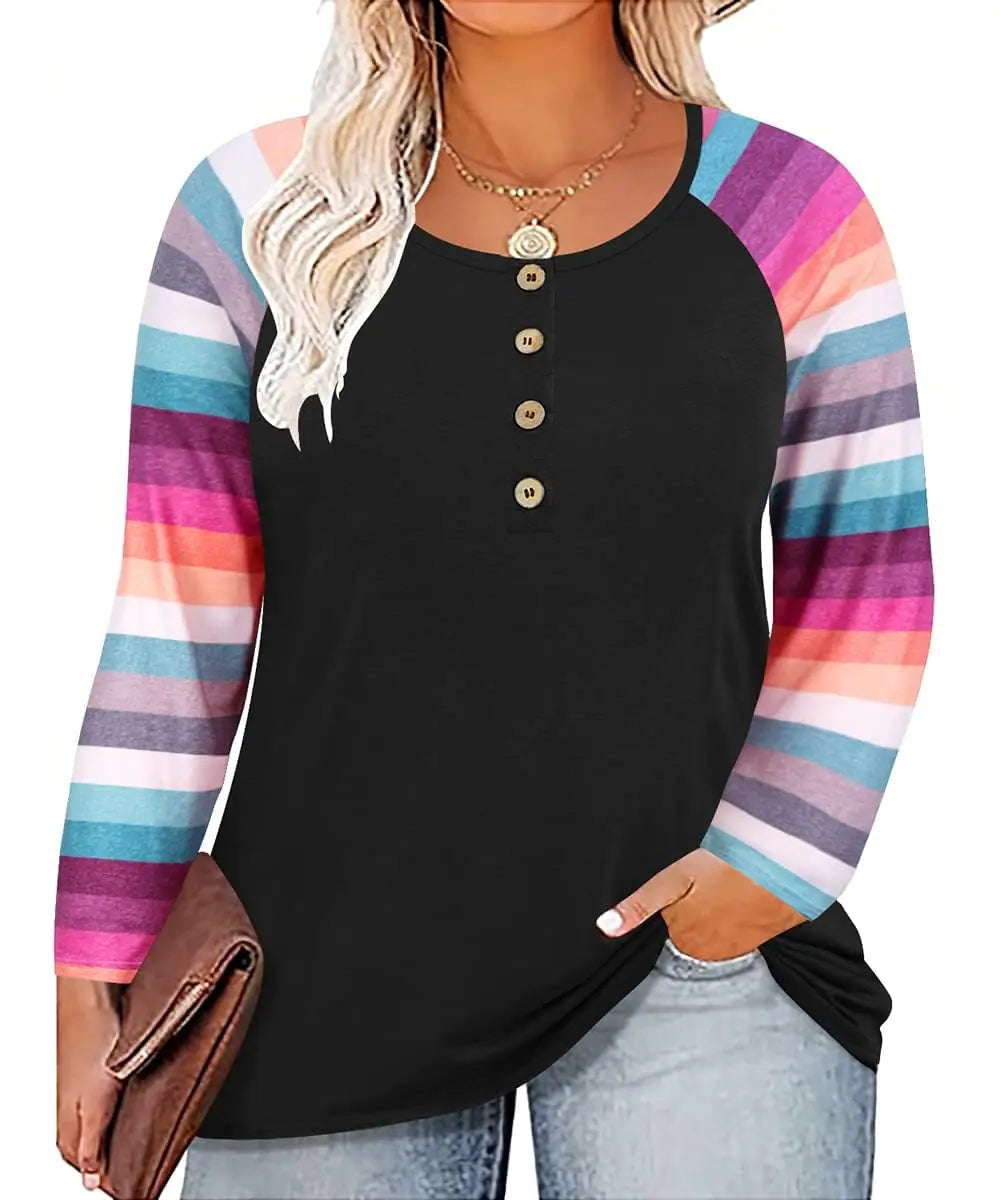 Women Block Shirt Long Sleeve Shirt Black - Striped
