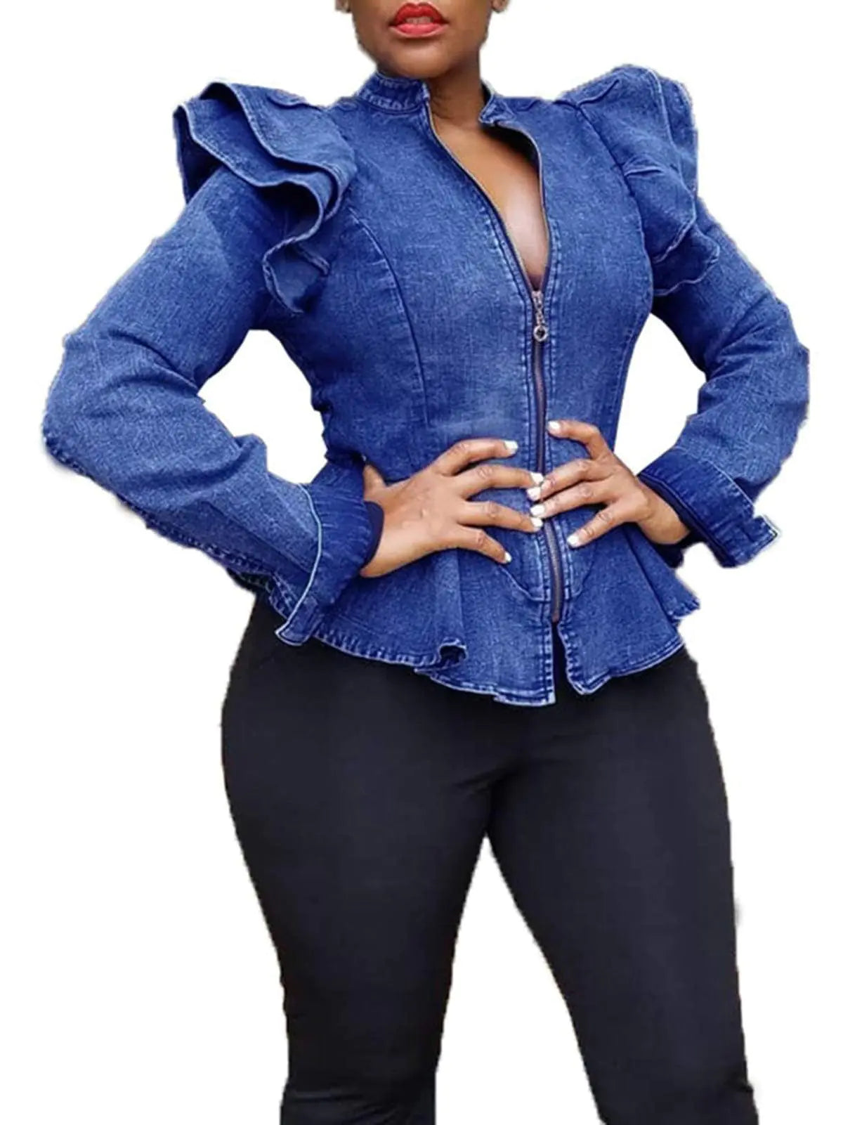 ECHOINE Women Ruffle Shoulder Jean Jackets Denim Blue