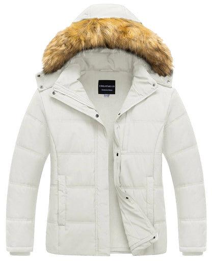 CREATMO US Women’s Coat Bubble Coat with Removable Fur Hood White