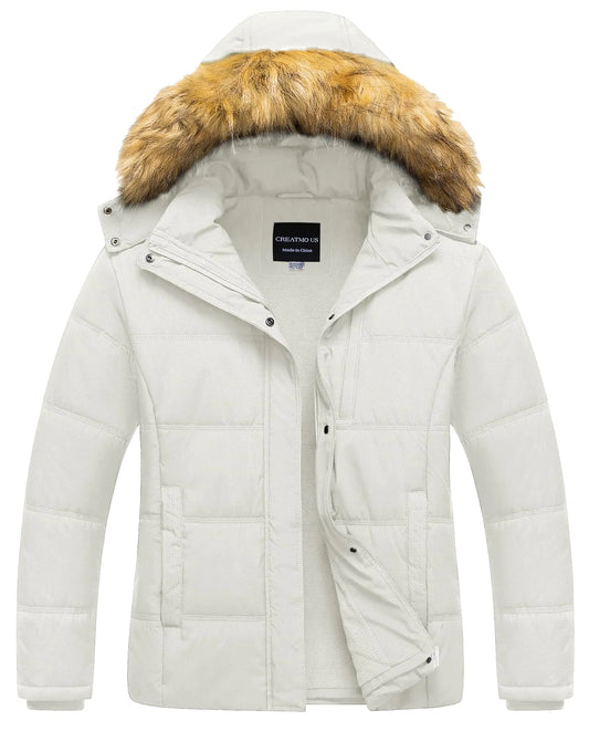 CREATMO US Women’s Coat Bubble Coat with Removable Fur Hood White