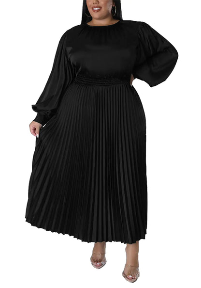 Women’s Casual Crew Neck Lantern Long Sleeve High Waist A Line Swing Pleated Dresses Black