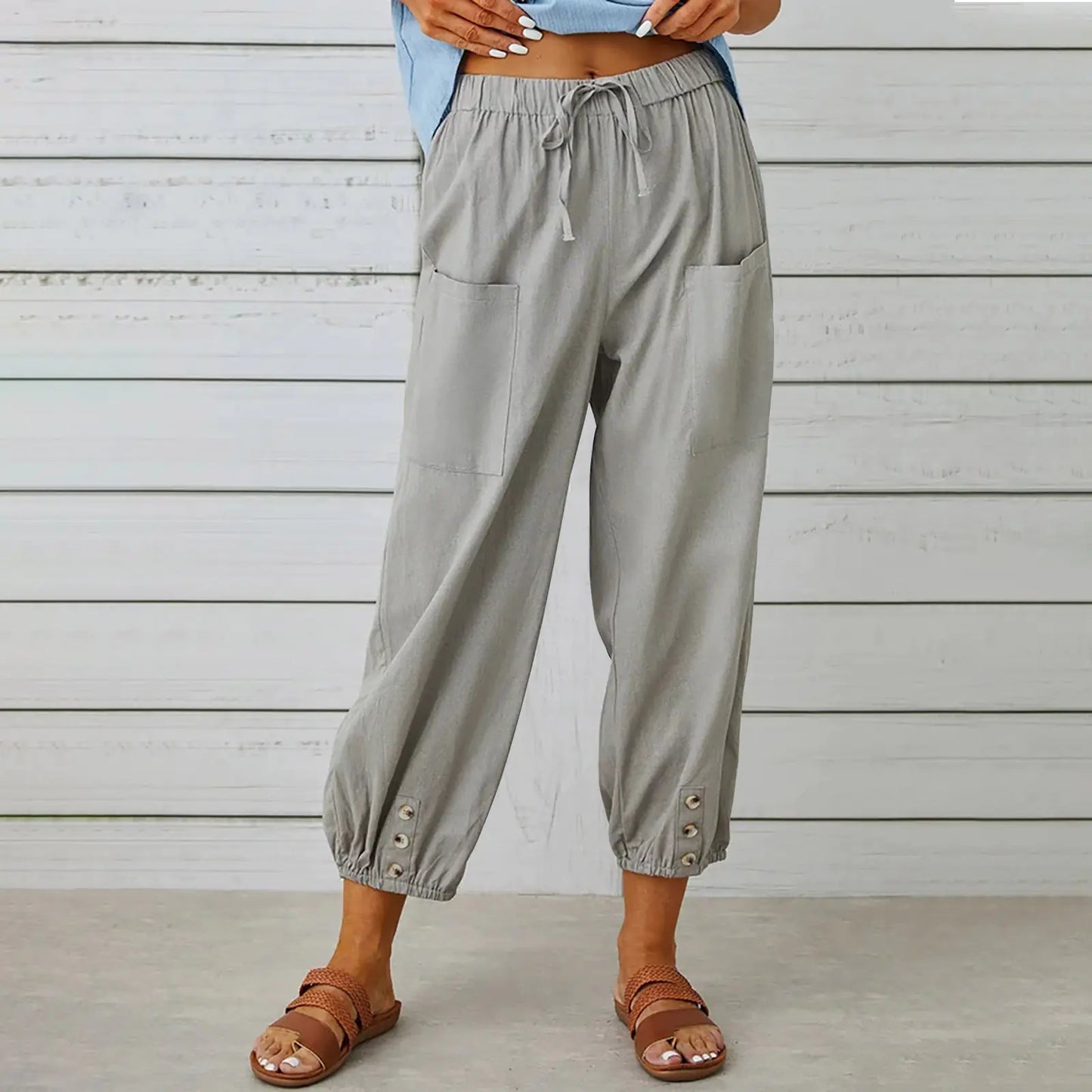 Women's Casual Drawstring Pants with Buttons