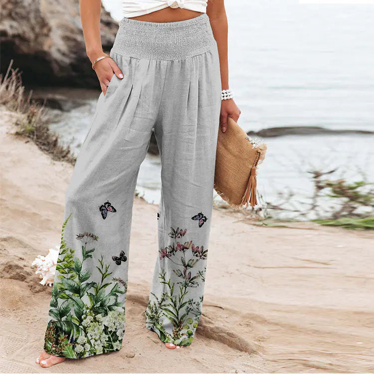 Women's Floral Butterfly Print Wide Leg Pants