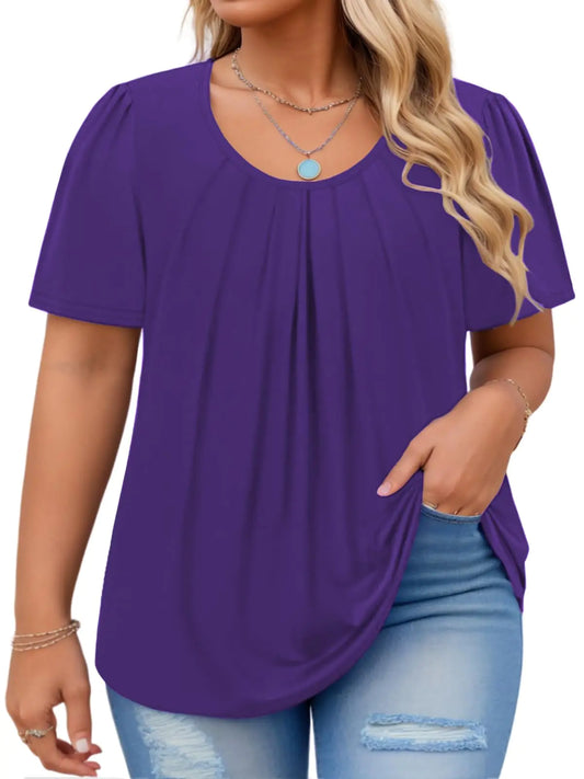 Women Pleated Flowy Trendy Casual Short Sleeve Shirts Purple