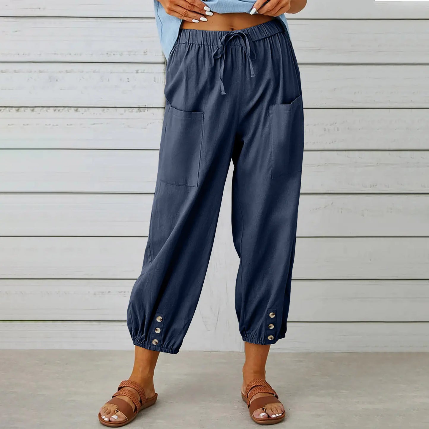Women's Casual Drawstring Pants with Buttons