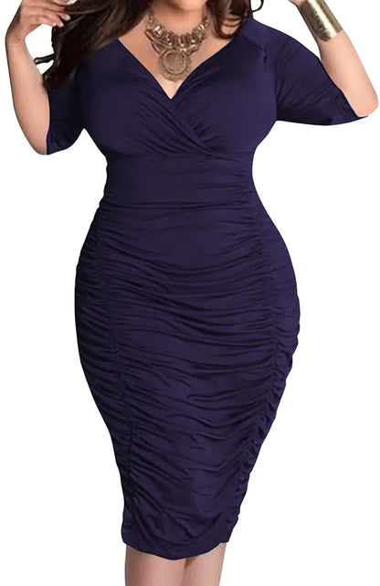 Yiershu Women Short Sleeve Bodycon Sexy V Neck Midi Dress