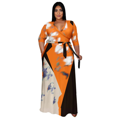 Runwind Dresses for Women Floral Maxi Dress Flowy 3/4 Sleeve with Belt Orange Black