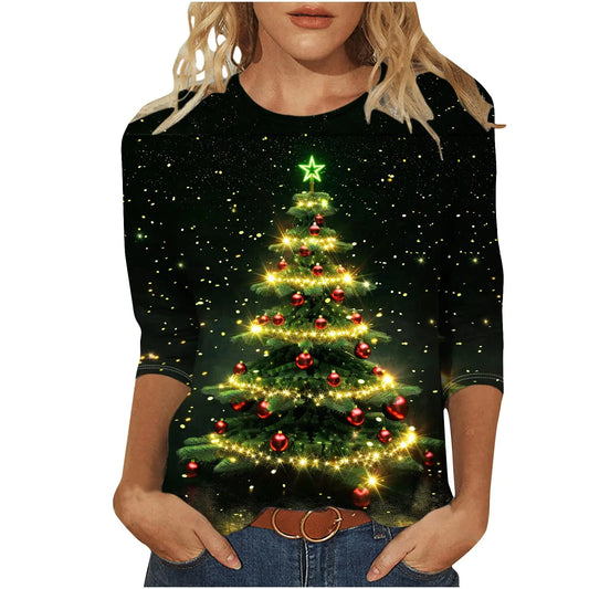 Women Christmas ¾ Sleeve Glitter Xmas Tree Print Crewneck Top
