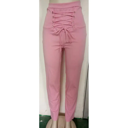 Women Cotton Lace-up Pencil Pants