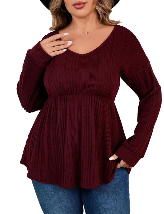 Women Casual Tops Tunic Sweater V Neck Pullover Dressy Long Sleeve Loose Fit Blouse Shirt Wine Red