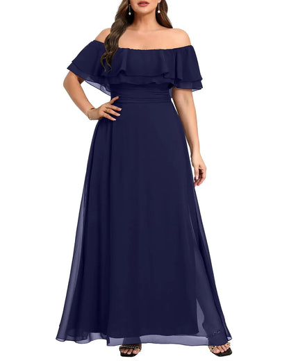 Women Off The Shoulder Chiffon Flowy Dress Navy Blue