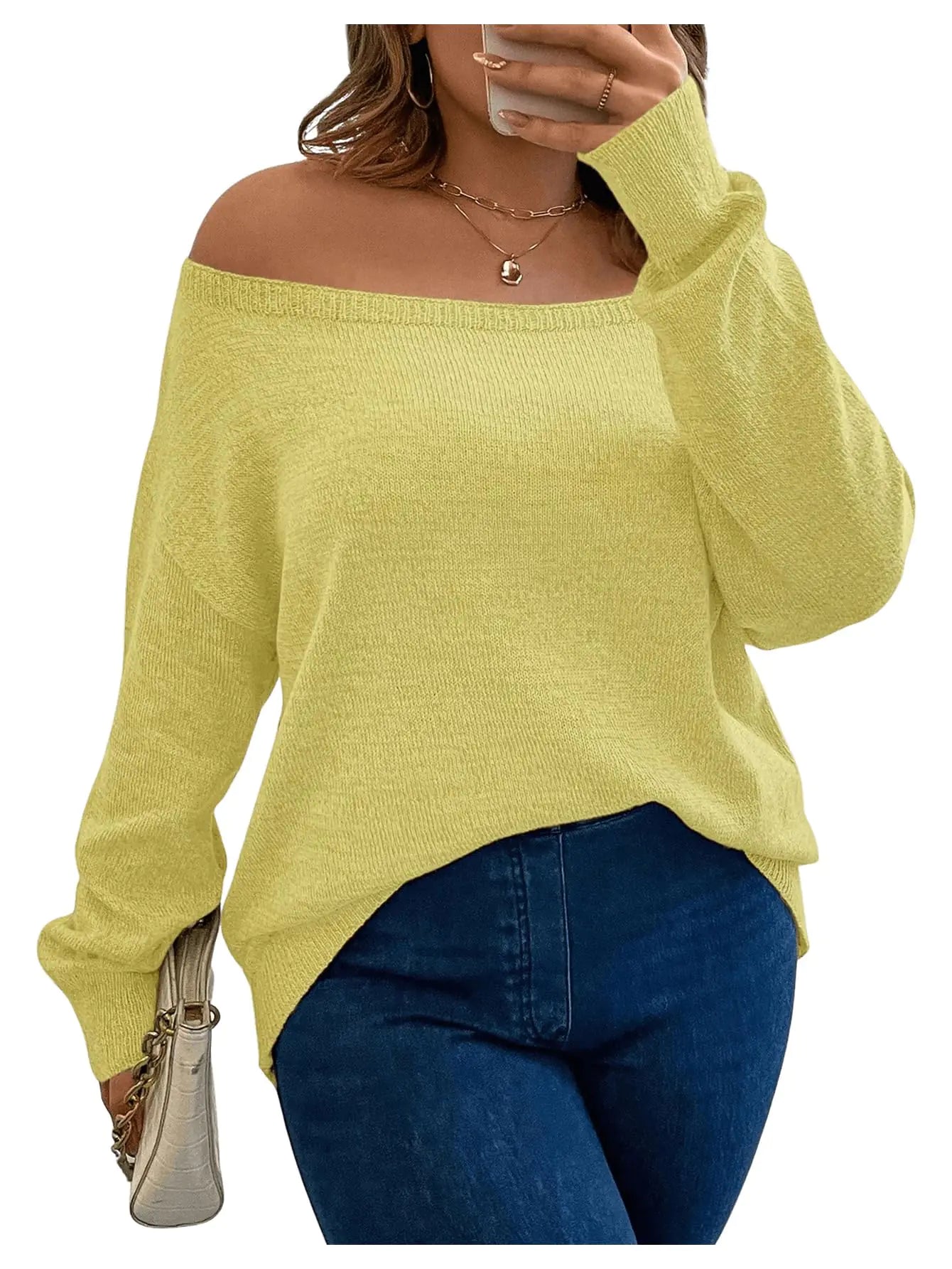Women's Sweater Off Shoulder Long Sleeve Fall Sweaters Loose Lightweight Pullover Tunic Tops Pure Light-Yellow