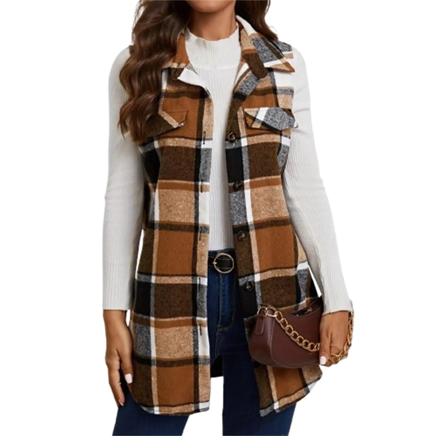 Women Flannel Plaid Sleeveless Button-Down Vest