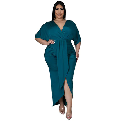 Women Elegant V-Neck Maxi Dress With Front Slit