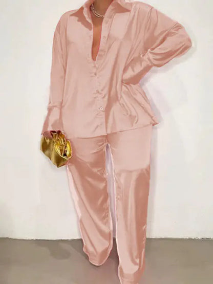 Elegant Satin Tracksuit with Wide Leg Pants