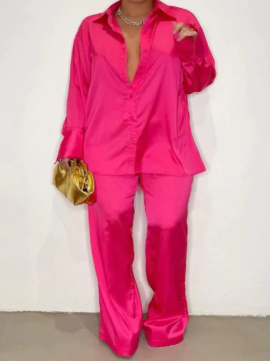 Elegant Satin Tracksuit with Wide Leg Pants