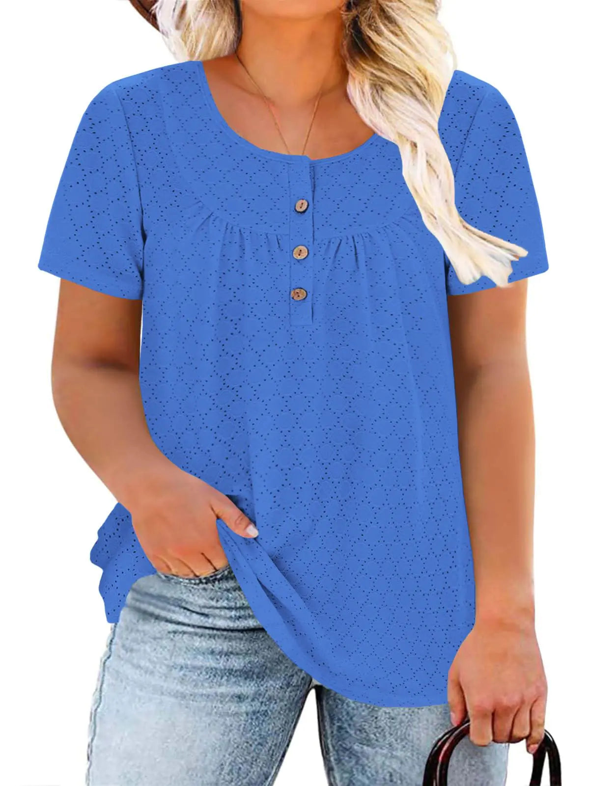 Women Casual Buttons Up T Shirts Henley Neck Tops Royal Blue