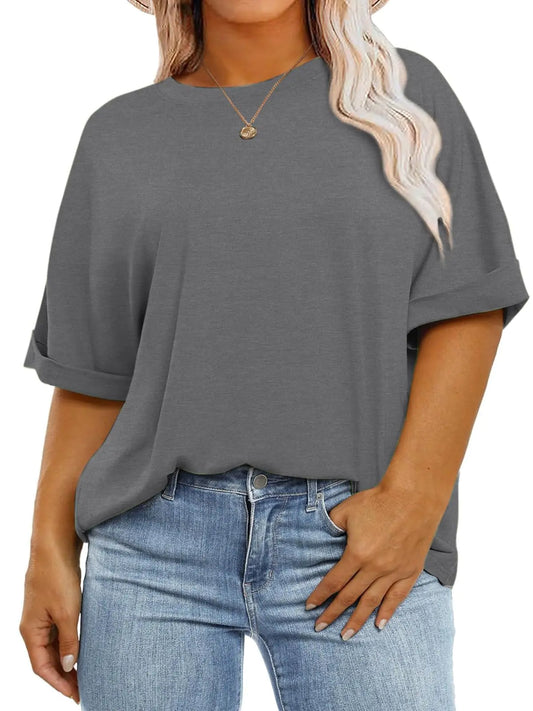 Women Loose Fit Round Neck Rolled Sleeve Tops