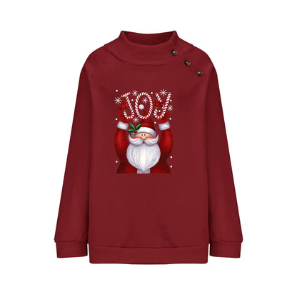 Printed Button Christmas Long Sleeve Sweater for Women