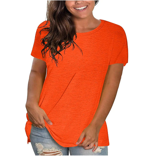 Women Summer Casual Short Sleeve Shirts Solid Color Crewneck T Shirts Loose Fit Basic Tee Shirt