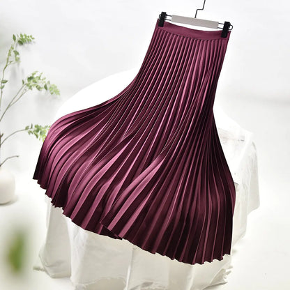 Women High Waist A-Line Pleated Midi Skirt