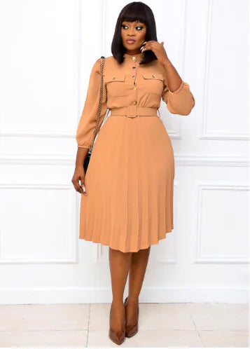 Women Solid Color A-Line Pleated Dress