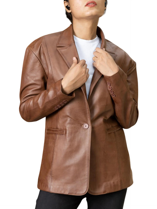 Jild Women Oversized Lambskin Leather Blazer - Business Casual