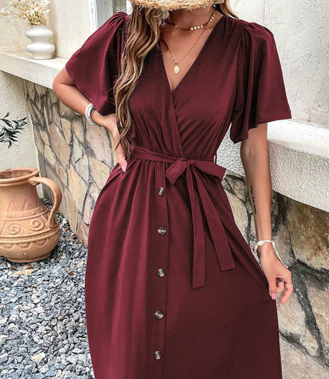 Women Elegant V-Neck Midi Dress