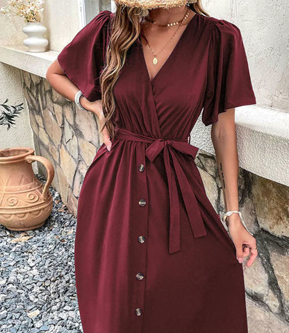 Women Elegant V-Neck Midi Dress