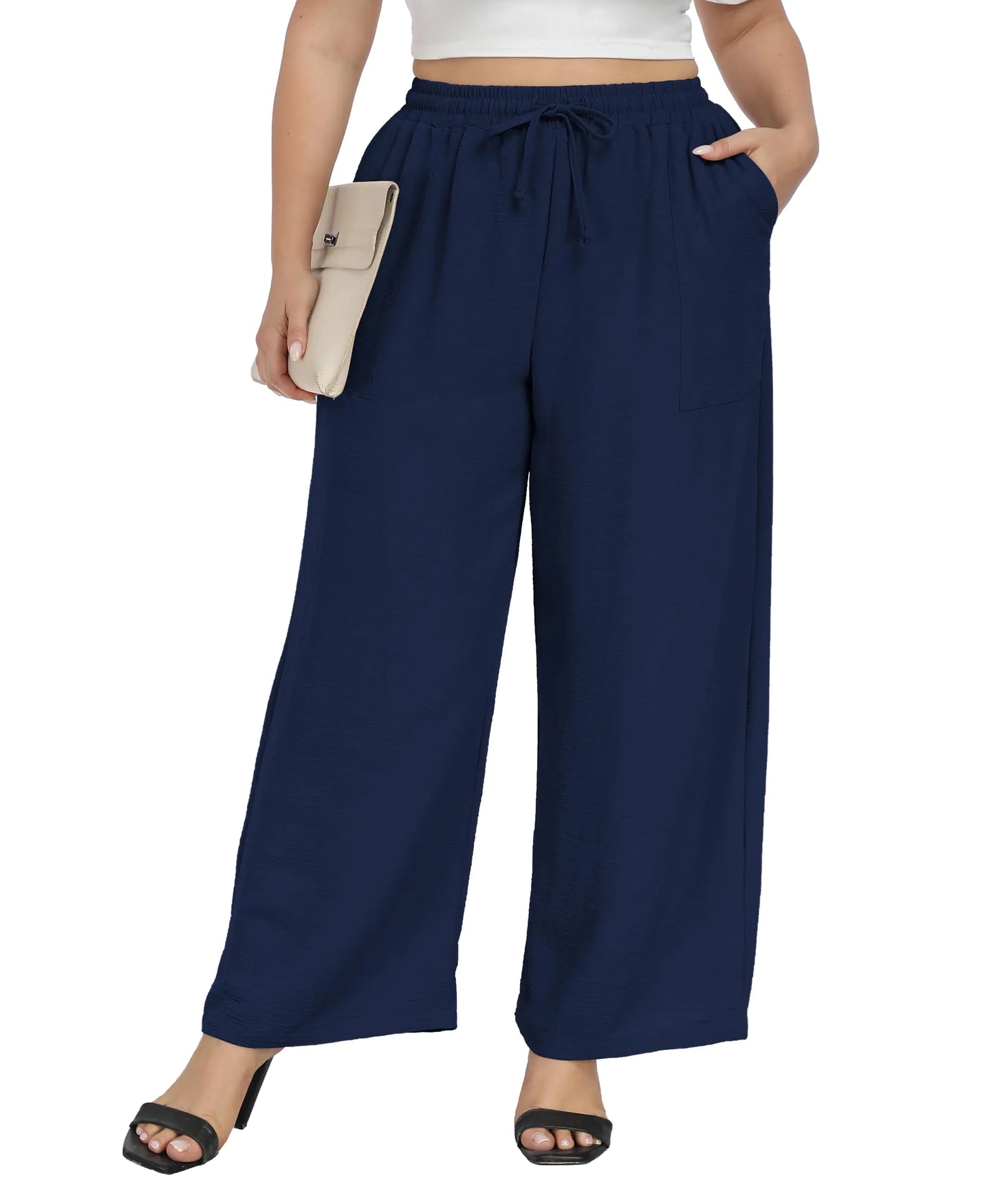 Women’s Wide Leg Pants High Waisted Casual Lounge Pants Loose Palazzo Trousers with Pockets Navy Blue
