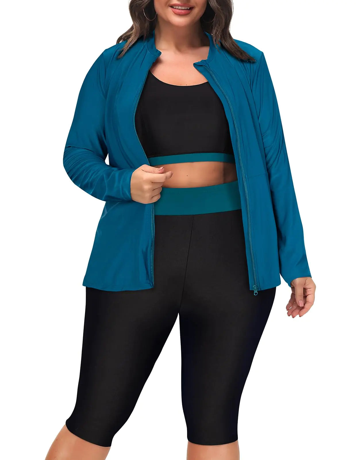 Hanna Nikole Women 3 Pieces Rash Guard Swimwear Sun Protection Surfing Bathing Suits Long Sleeve Swimsuits Peacock Blue