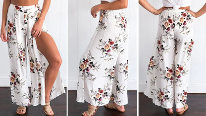 Women Chiffon Floral Wide Leg Pants