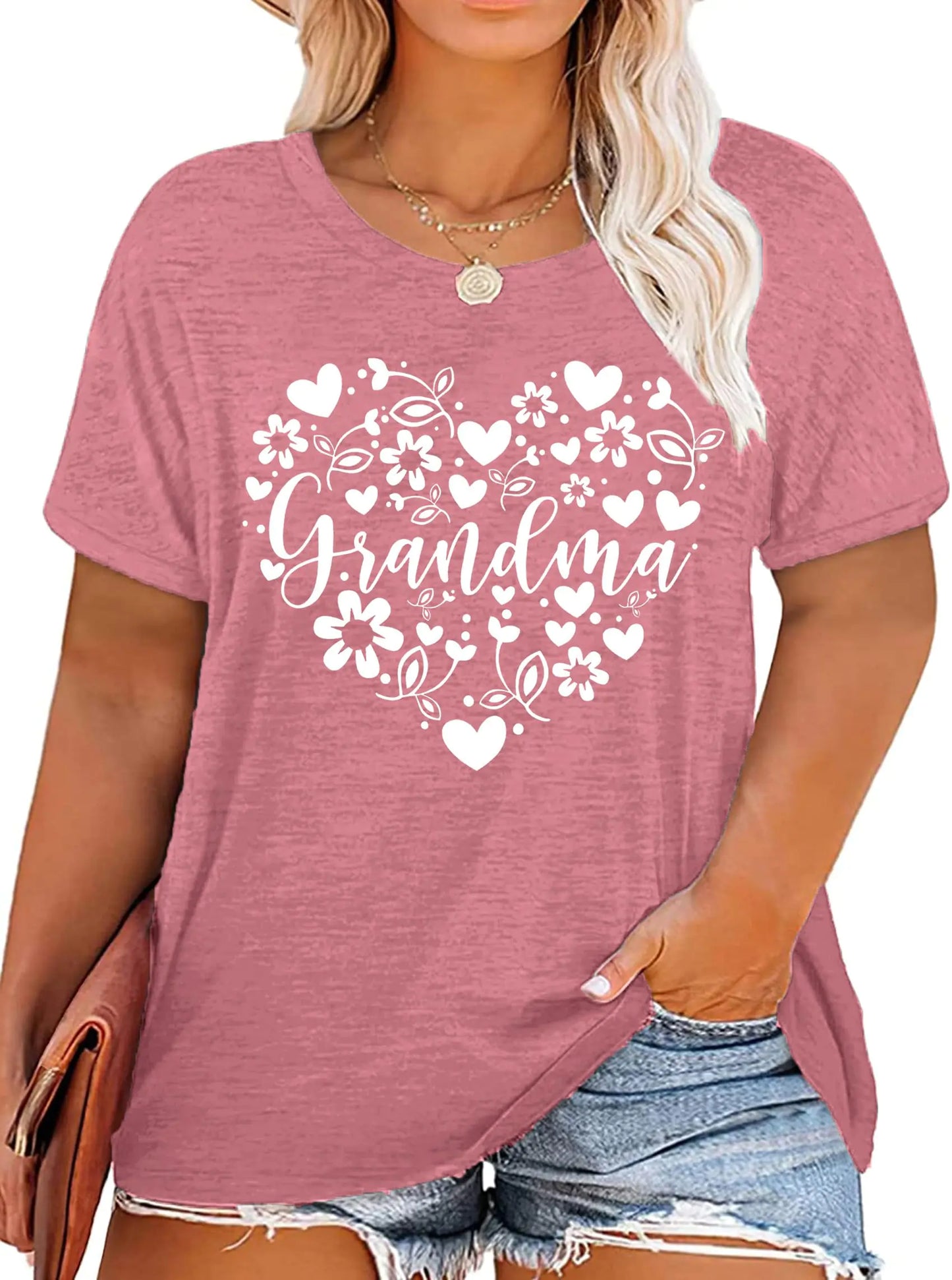 Women Grandma Heart T-shirt Mama Floral Tees Casual Short Sleeve Tops Pink