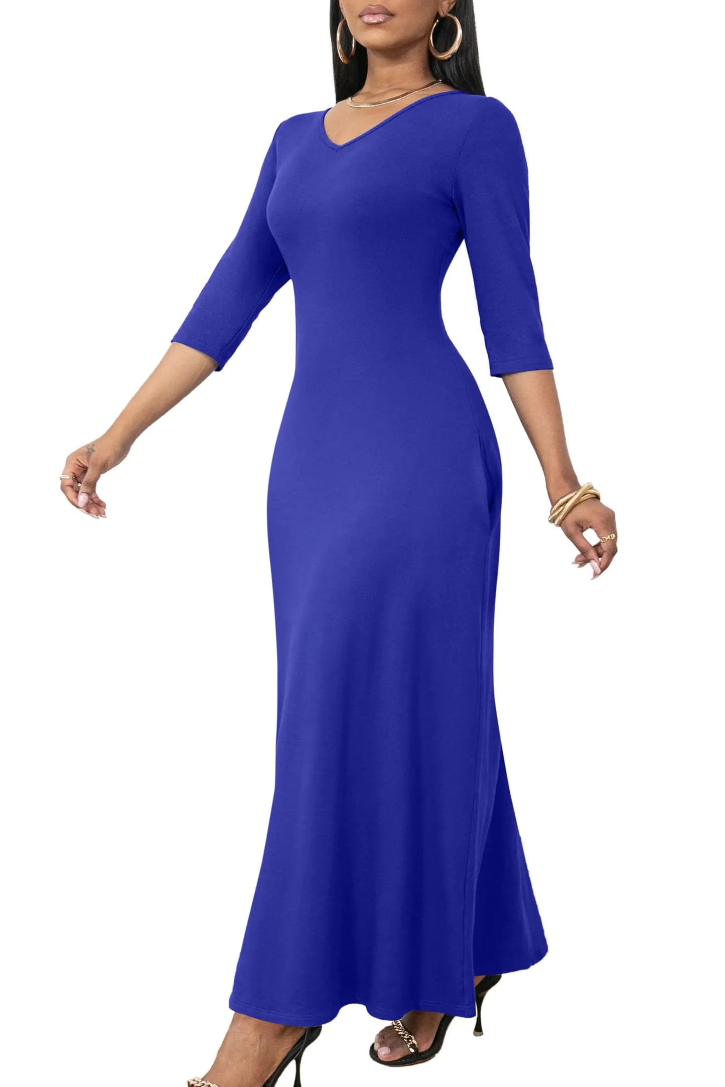 FANDEE Women Long Sleeve Maxi Dress Solid Navy Blue