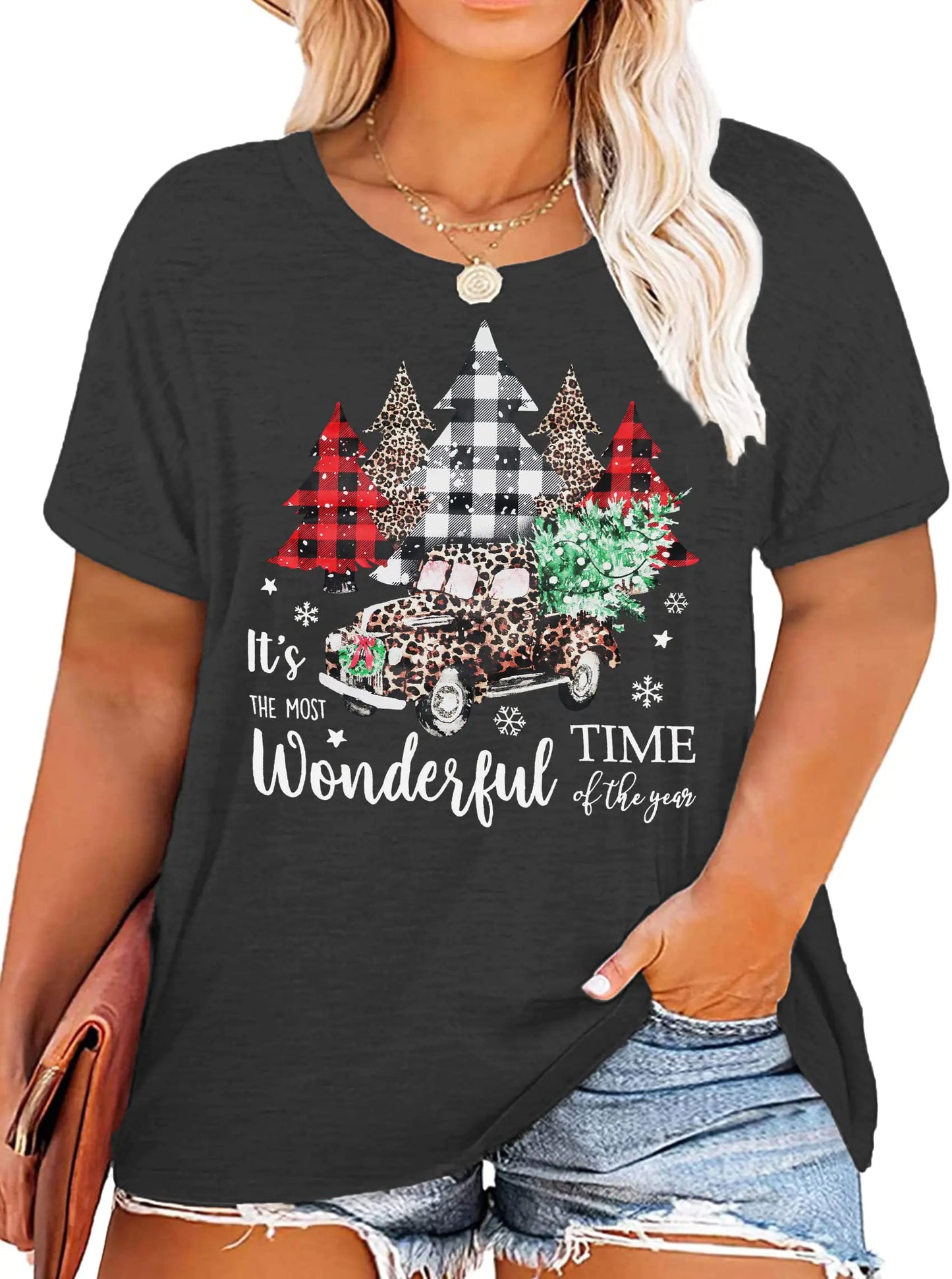 Women Leopard Plaid Tree Christmas Shirts Black