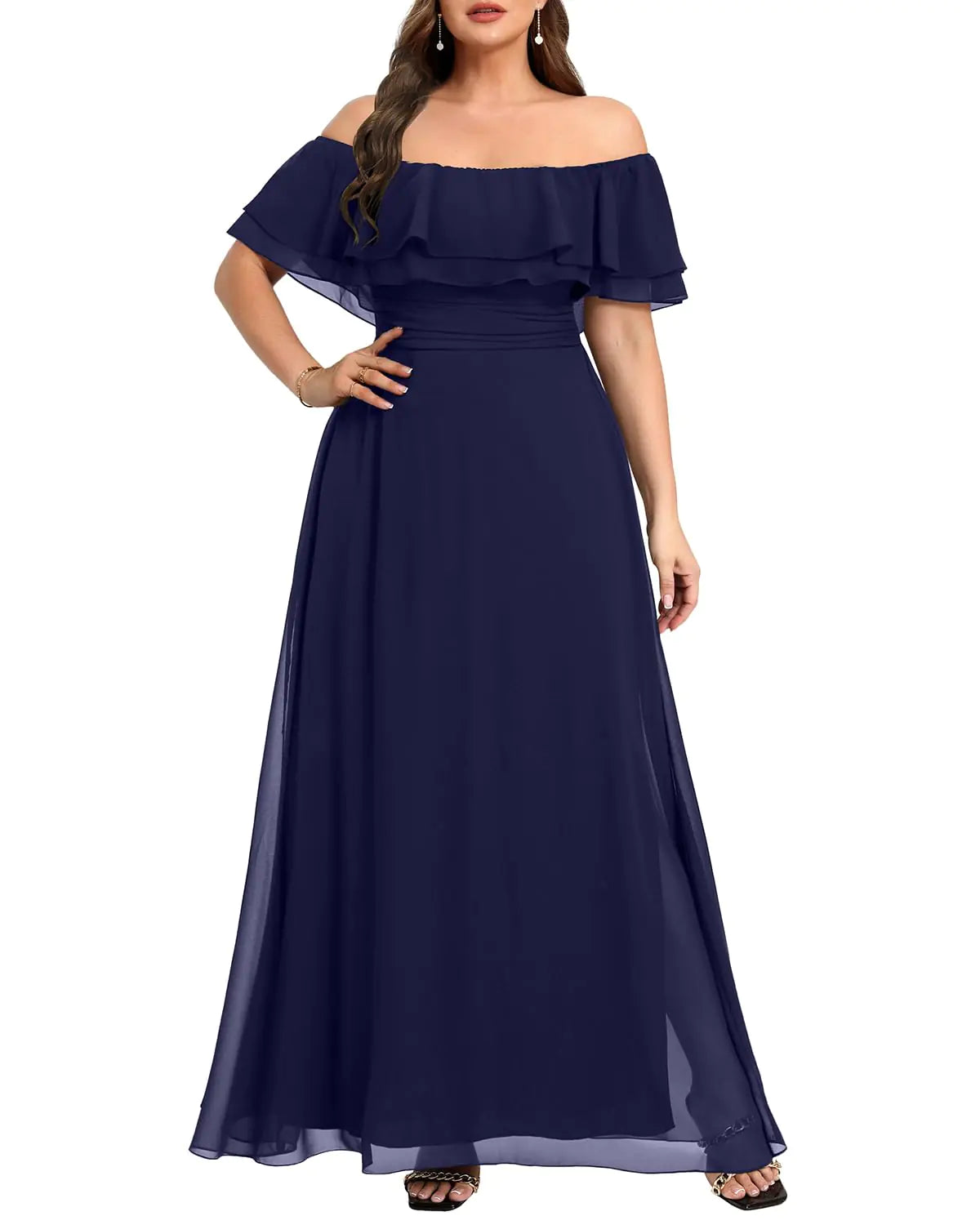 Women Off The Shoulder Chiffon Flowy Dress Navy Blue