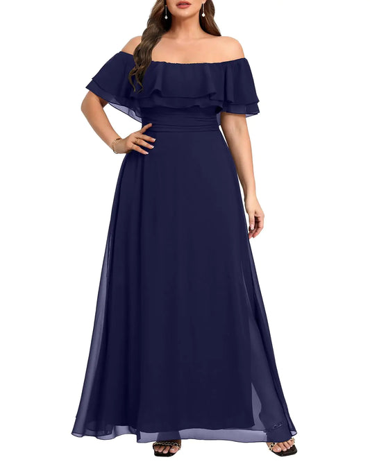 Women Off The Shoulder Chiffon Flowy Dress Navy Blue