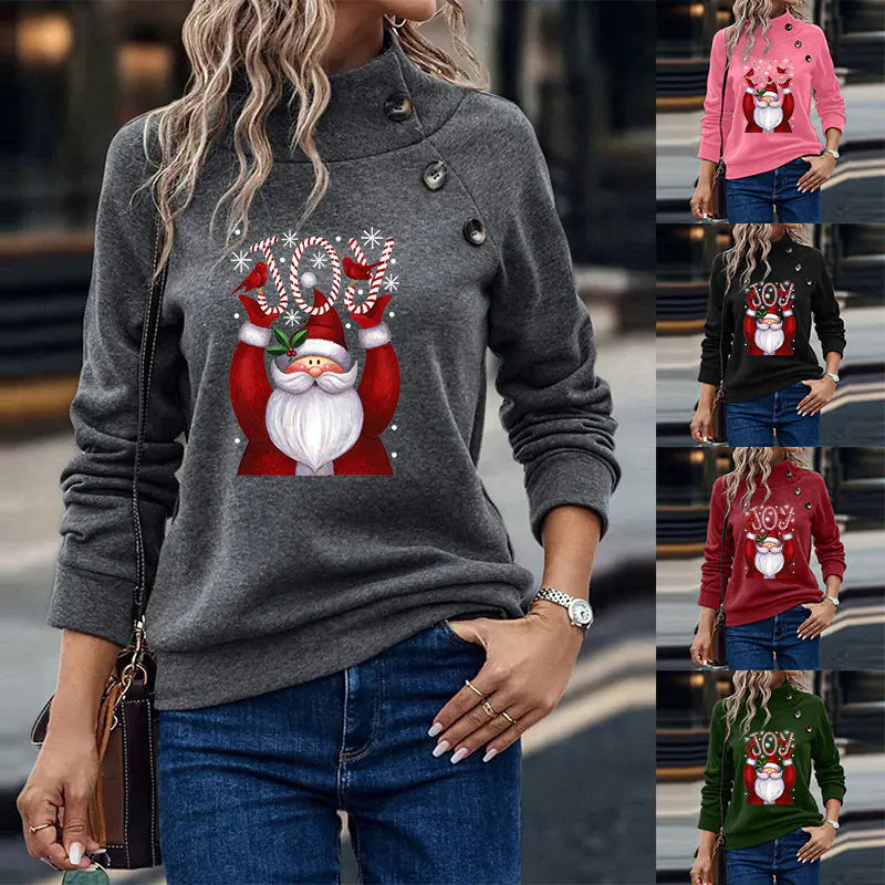 Printed Button Christmas Long Sleeve Sweater for Women