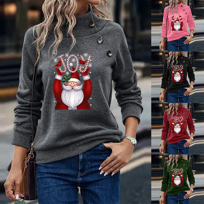Printed Button Christmas Long Sleeve Sweater for Women