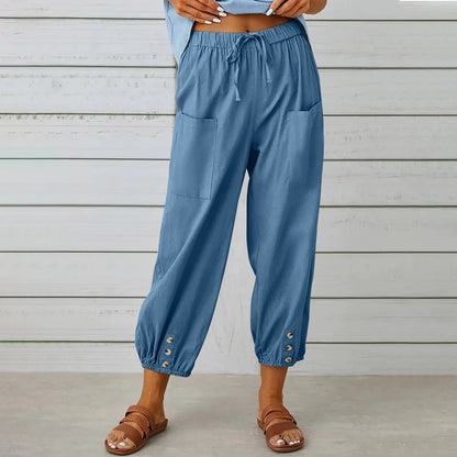 Women's Casual Drawstring Pants with Buttons