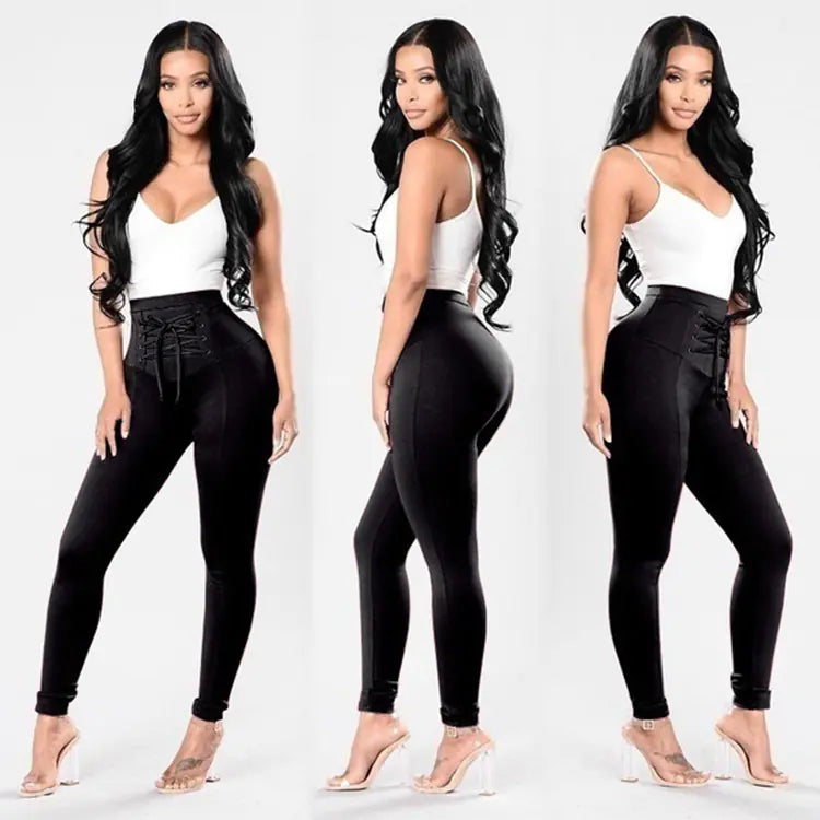 Women Cotton Lace-up Pencil Pants