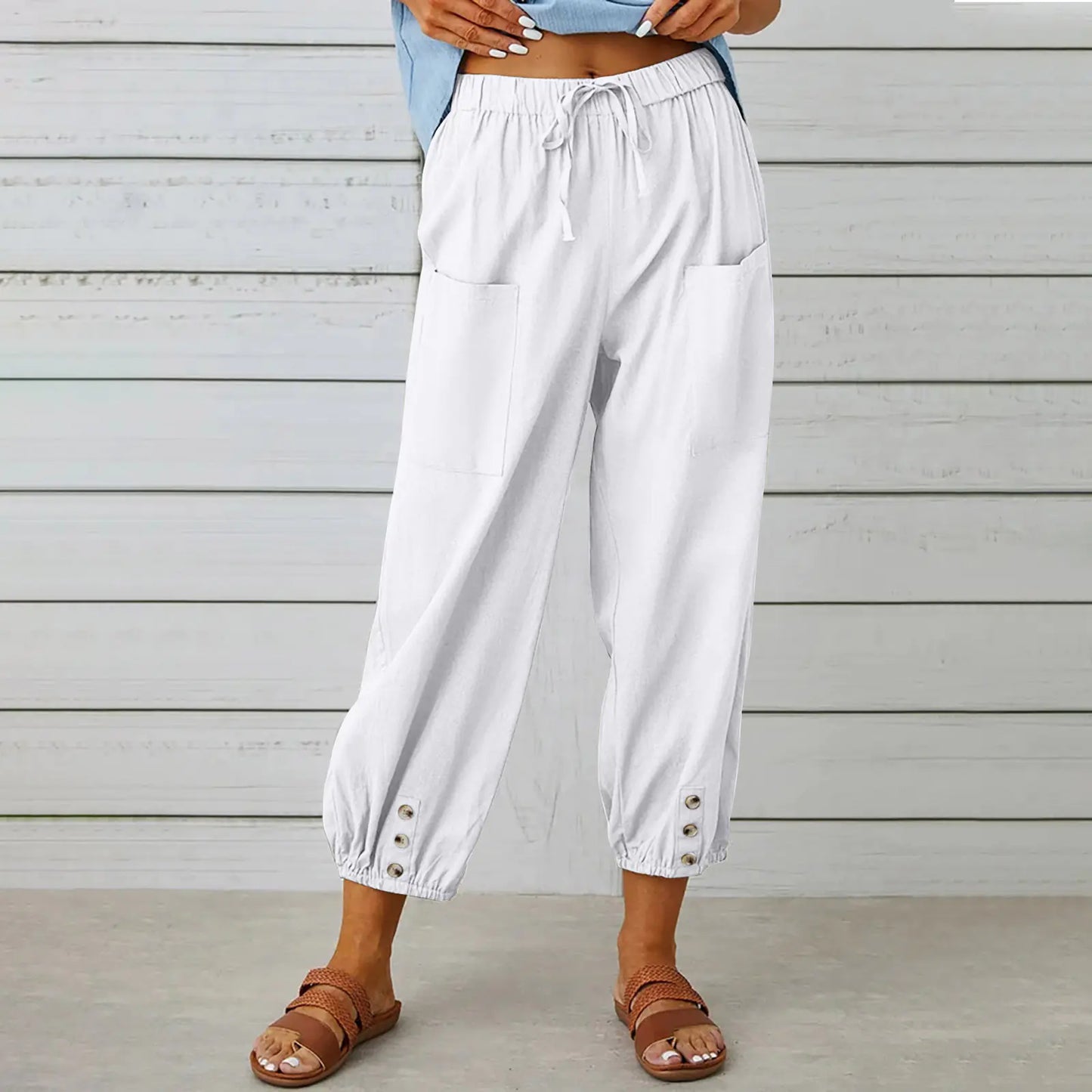 Women's Casual Drawstring Pants with Buttons